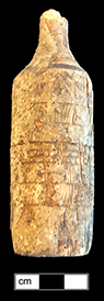 Skittles or nine pin of painted wood.  An ancient game, skittles involves projectiles, usually balls, propelled from one end of an alley in an effort to knock down nine pins standing at the other end.   Skittles has many regional variations in skittle size and shape, alley length, size and shape of the balls  and rules. Ninepins has been popular in North American since the 17th century, remaining so until tenpins became well-established in the late 19th century (Cooperman 2017), from 18BC27. http://www.tradgames.org.uk/games/Skittles.htm